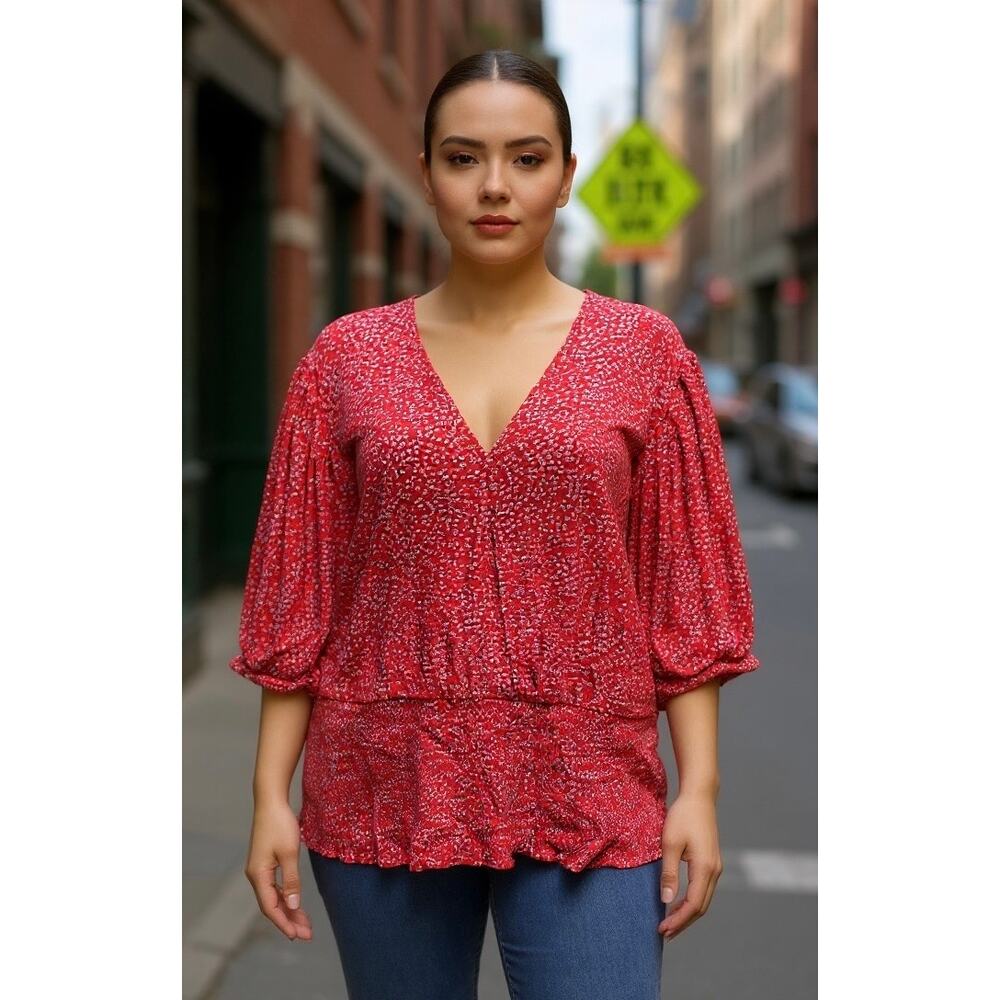 1.state red floral 3/4 sleeve smocked waist 100% rayon size 3X